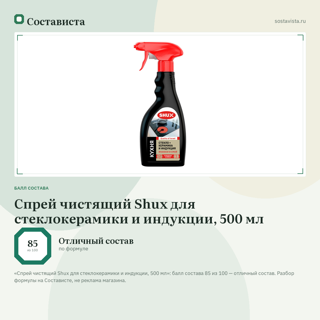 Спрей чистящий Shux для стеклокерамики и индукции, 500 мл: балл состава 85 из 100 — Состависта