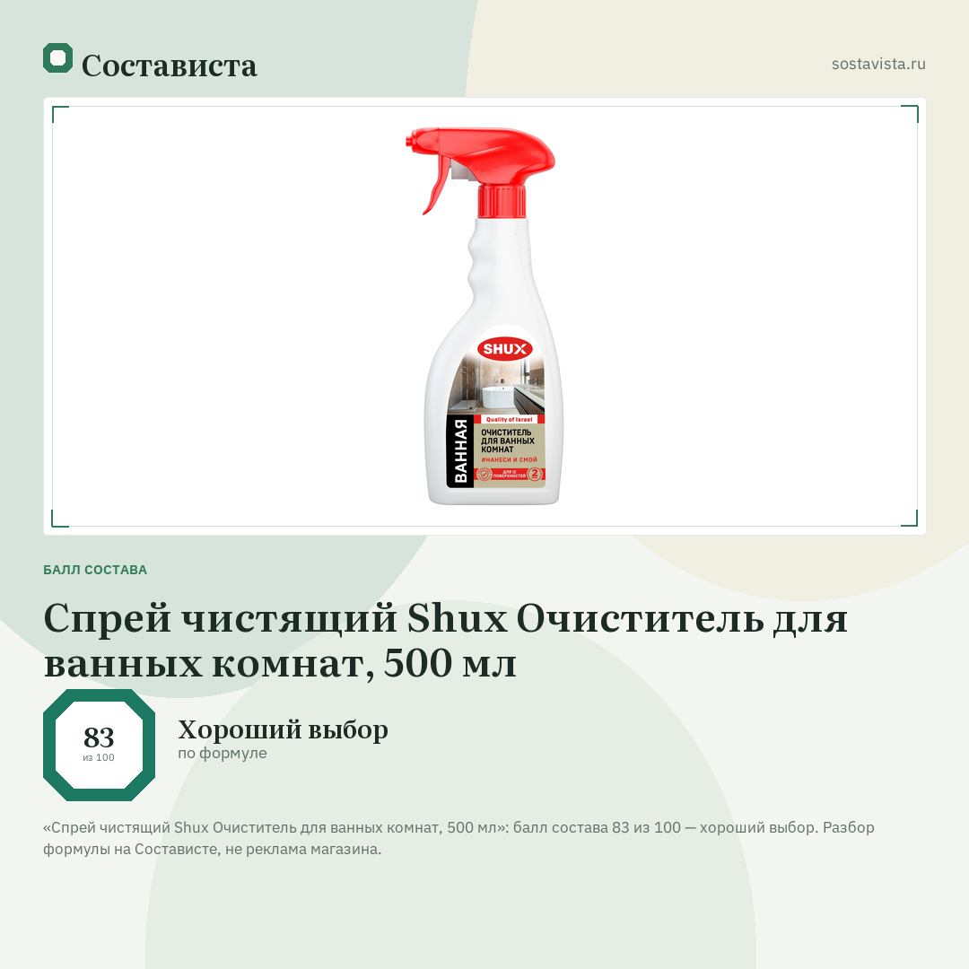 Спрей чистящий Shux Очиститель для ванных комнат, 500 мл: балл состава 83 из 100 — Состависта