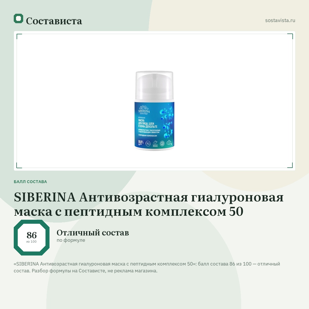 SIBERINA Антивозрастная гиалуроновая маска с пептидным комплексом 50: балл состава 86 из 100 — Состависта