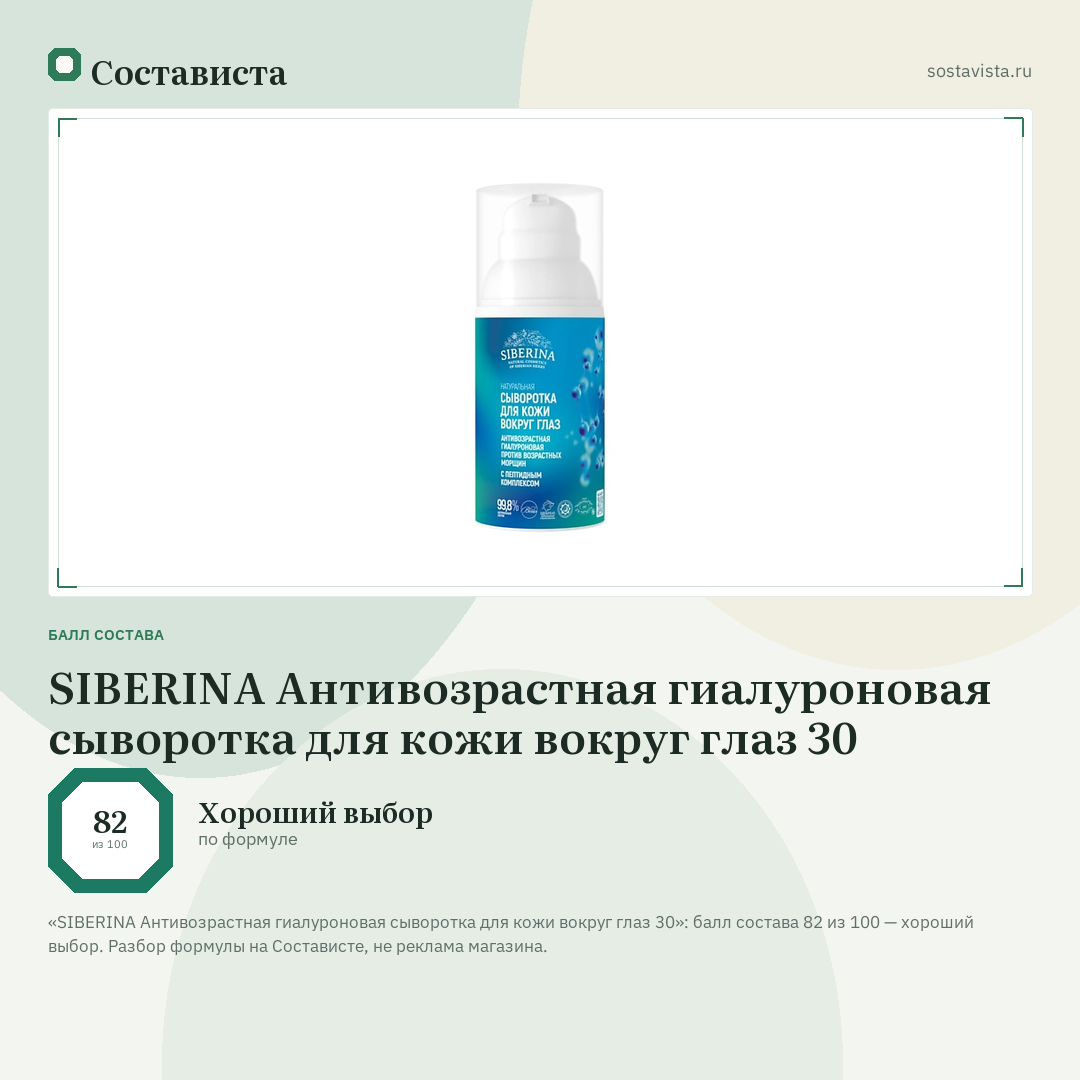 SIBERINA Антивозрастная гиалуроновая сыворотка для кожи вокруг глаз 30: балл состава 82 из 100 — Состависта