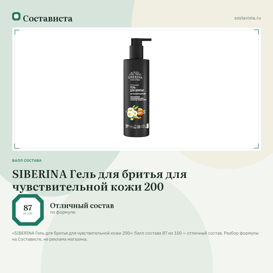 SIBERINA Гель для бритья для чувствительной кожи 200: балл состава 87 из 100 — Состависта