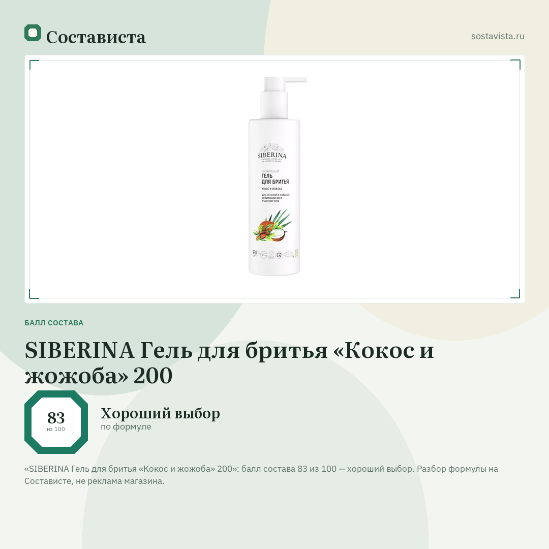 SIBERINA Гель для бритья «Кокос и жожоба» 200: балл состава 83 из 100 — Состависта