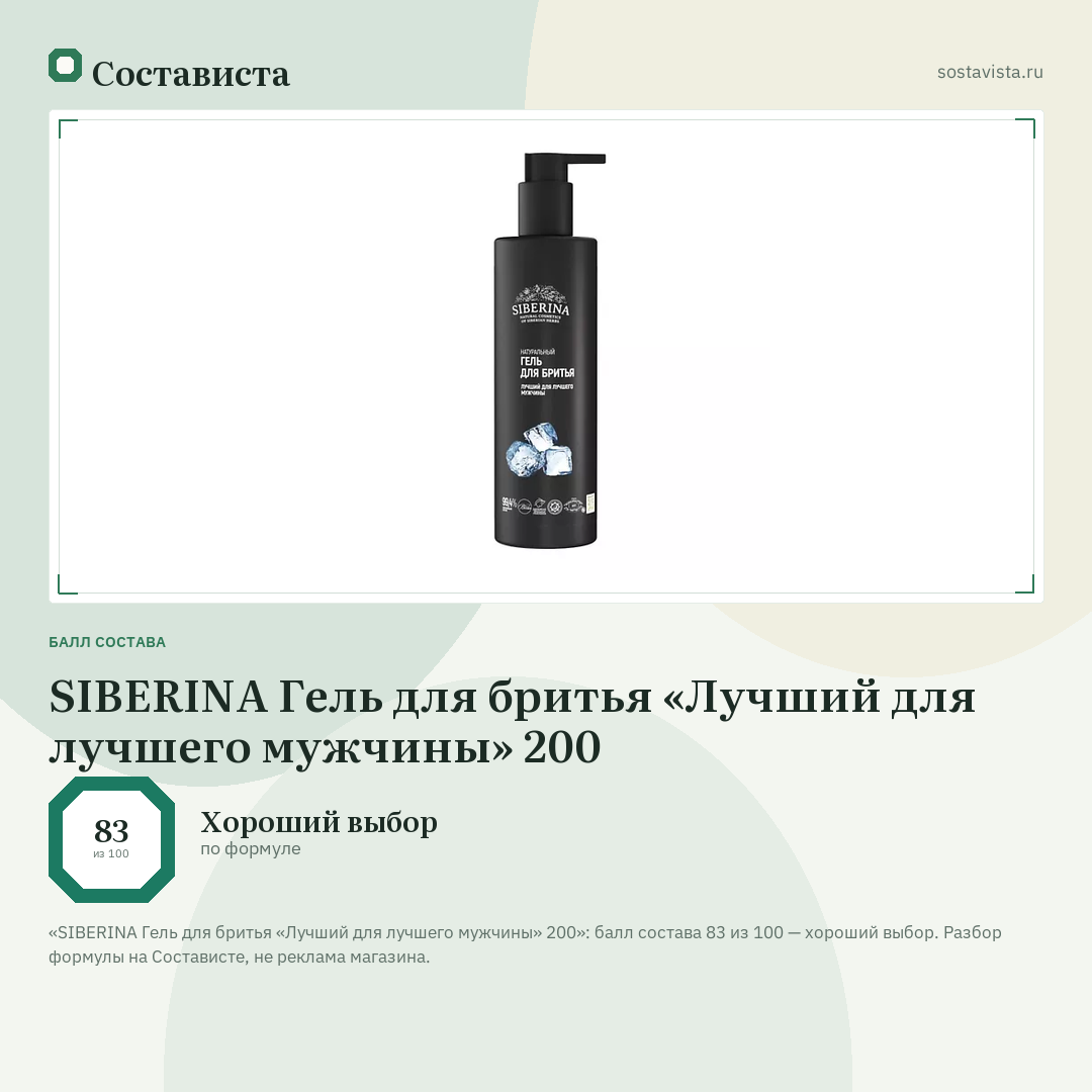 SIBERINA Гель для бритья «Лучший для лучшего мужчины» 200: балл состава 83 из 100 — Состависта