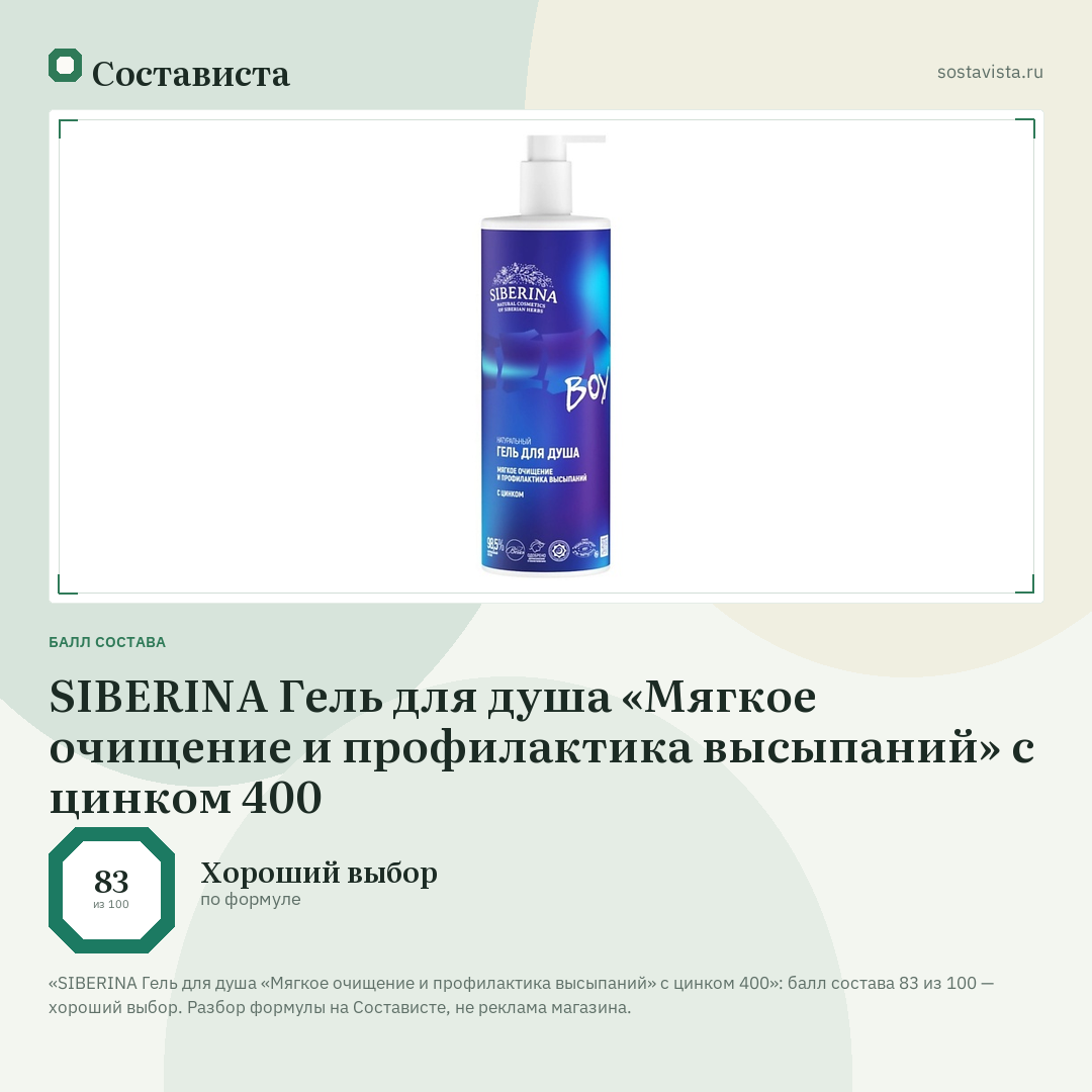 SIBERINA Гель для душа «Мягкое очищение и профилактика высыпаний» с цинком 400: балл состава 83 из 100 — Состависта