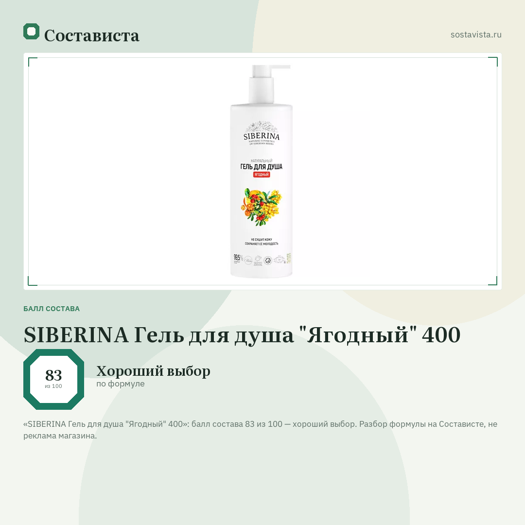 SIBERINA Гель для душа "Ягодный" 400: балл состава 83 из 100 — Состависта