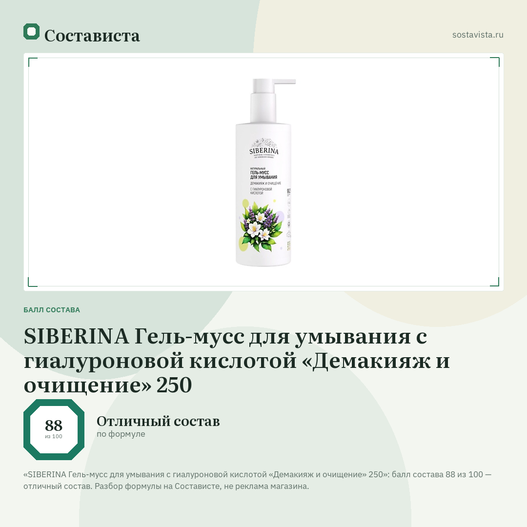 SIBERINA Гель-мусс для умывания с гиалуроновой кислотой «Демакияж и очищение» 250: балл состава 88 из 100 — Состависта