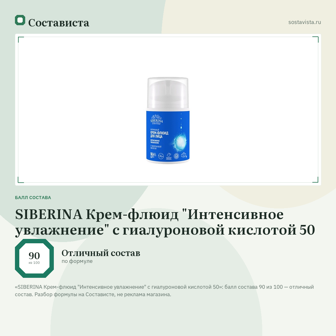 SIBERINA Крем-флюид "Интенсивное увлажнение" с гиалуроновой кислотой 50: балл состава 90 из 100 — Состависта
