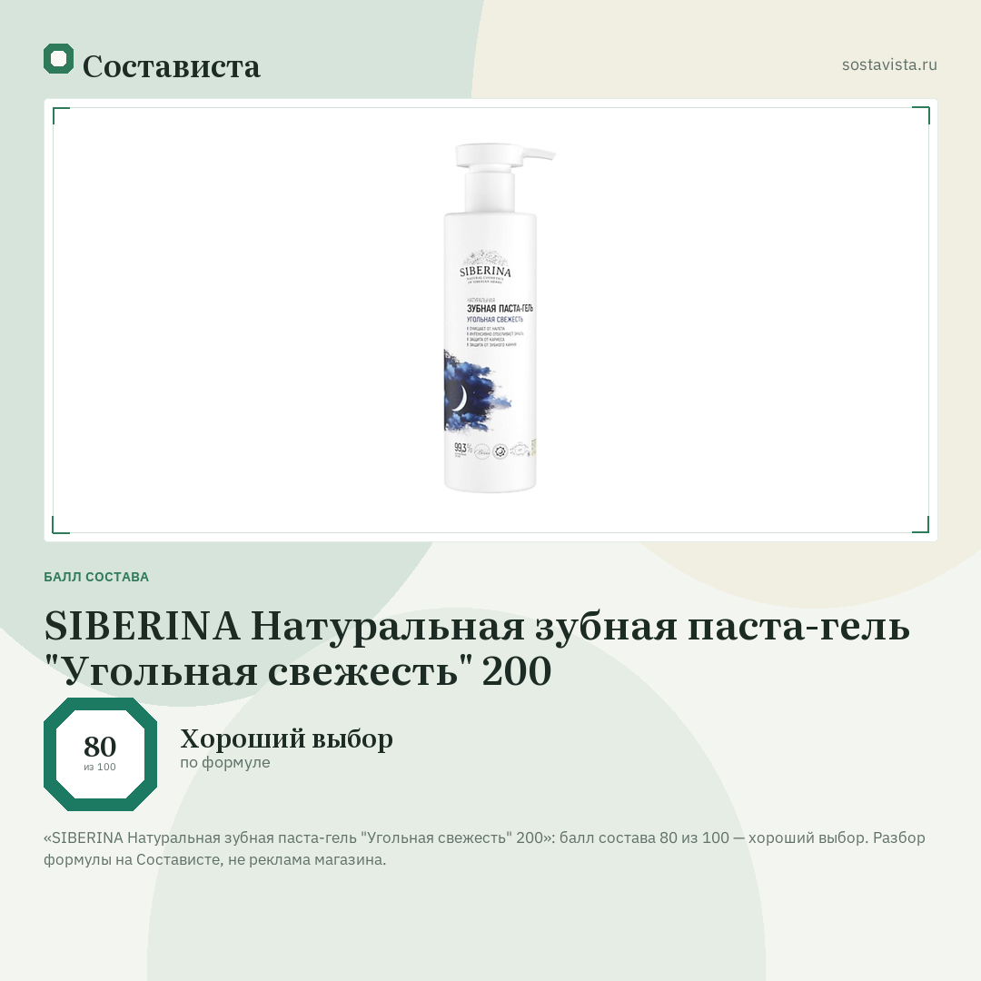 SIBERINA Натуральная зубная паста-гель "Угольная свежесть" 200: балл состава 80 из 100 — Состависта