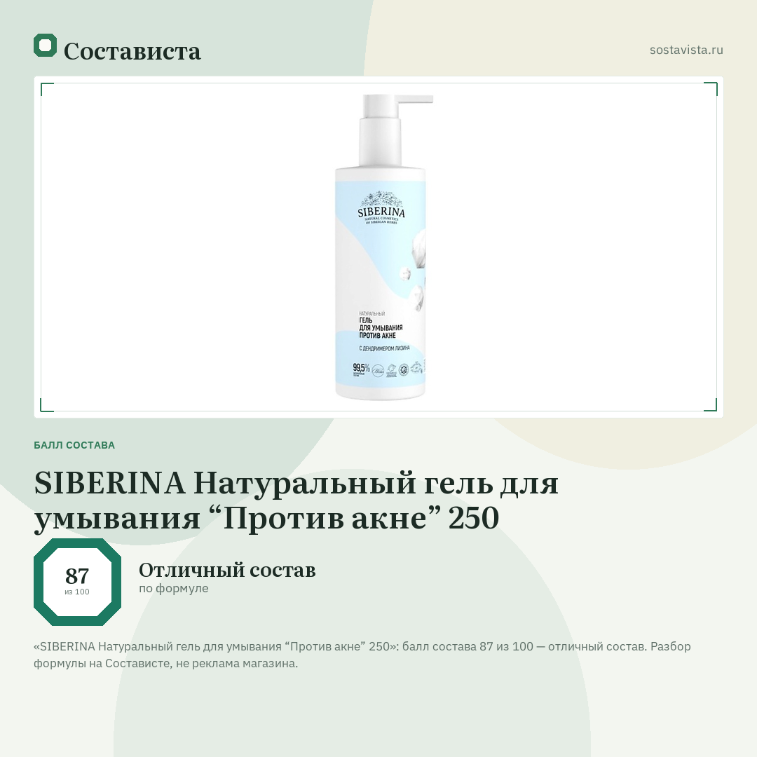 SIBERINA Натуральный гель для умывания “Против акне” 250: балл состава 87 из 100 — Состависта