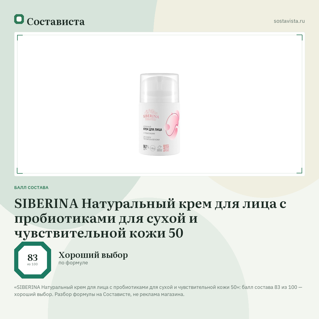 SIBERINA Натуральный крем для лица с пробиотиками для сухой и чувствительной кожи 50: балл состава 83 из 100 — Состависта