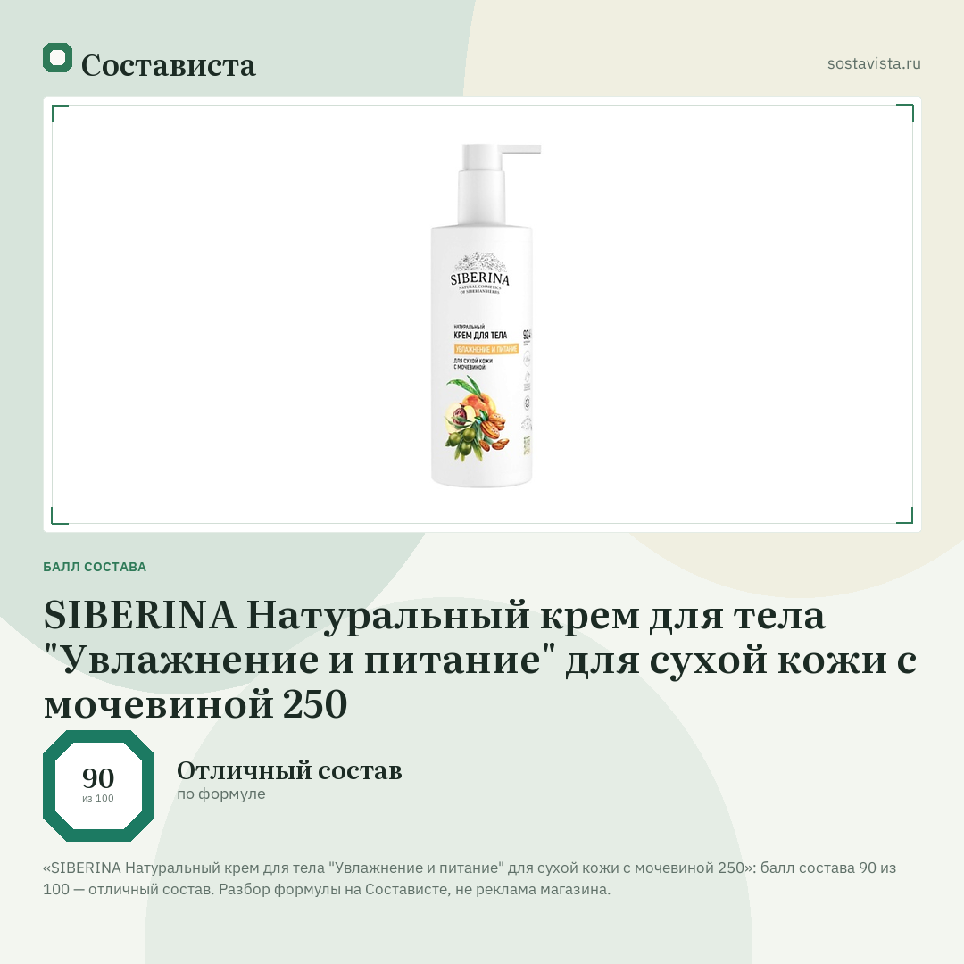 SIBERINA Натуральный крем для тела "Увлажнение и питание" для сухой кожи с мочевиной 250: балл состава 90 из 100 — Состависта