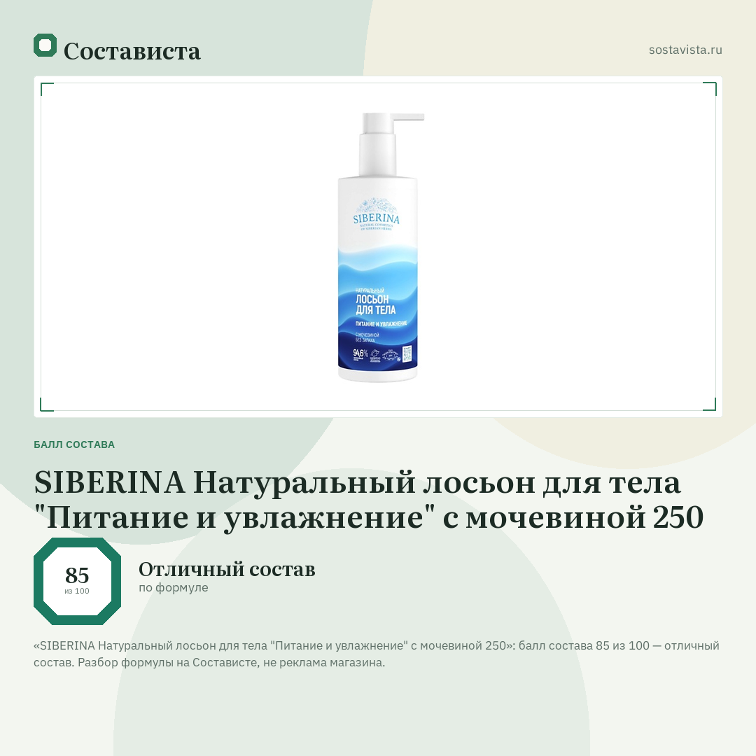 SIBERINA Натуральный лосьон для тела "Питание и увлажнение" с мочевиной 250: балл состава 85 из 100 — Состависта