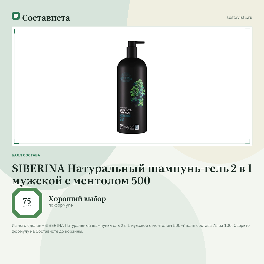 SIBERINA Натуральный шампунь-гель 2 в 1 мужской c ментолом 500: балл состава 75 из 100 — Состависта