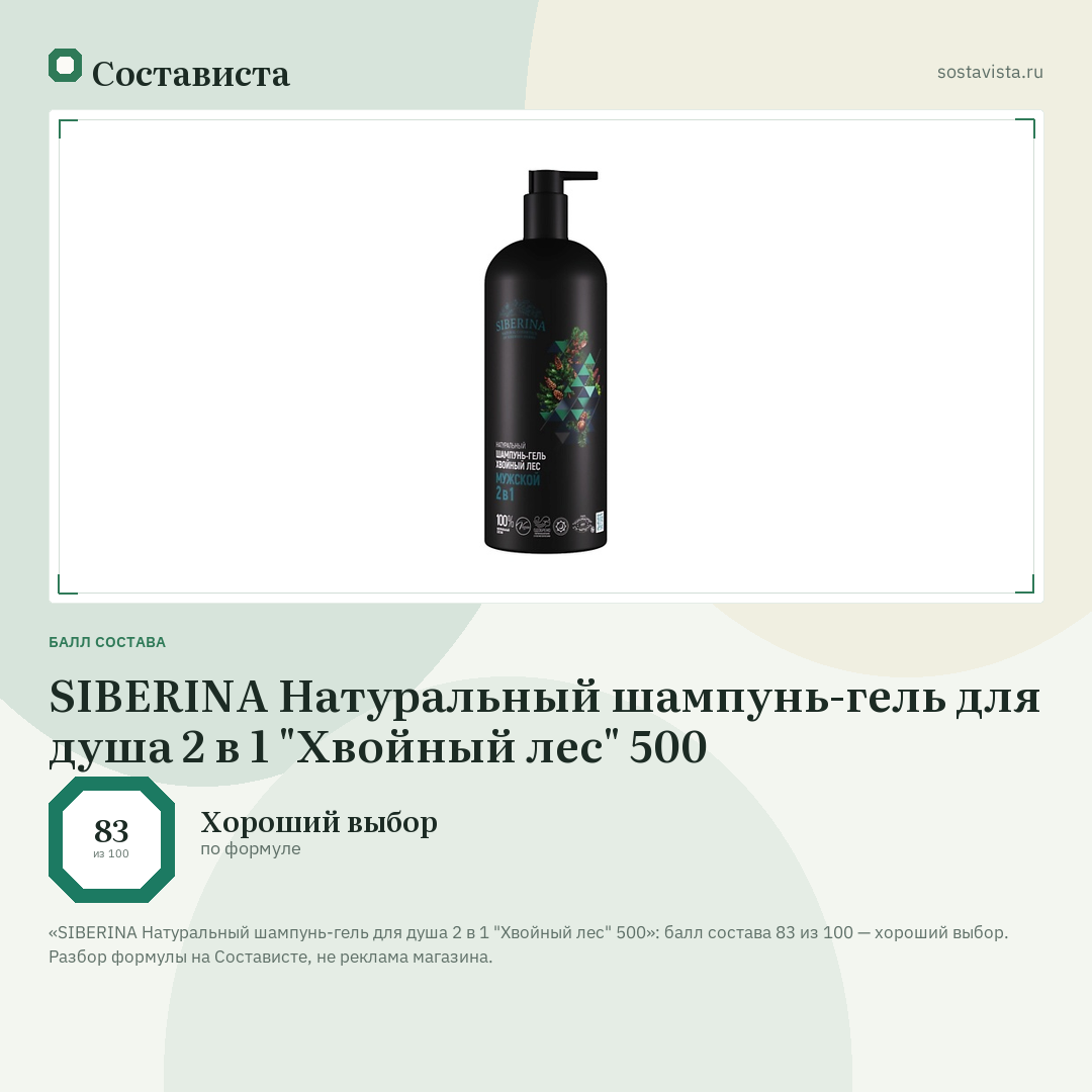 SIBERINA Натуральный шампунь-гель для душа 2 в 1 "Хвойный лес" 500: балл состава 83 из 100 — Состависта