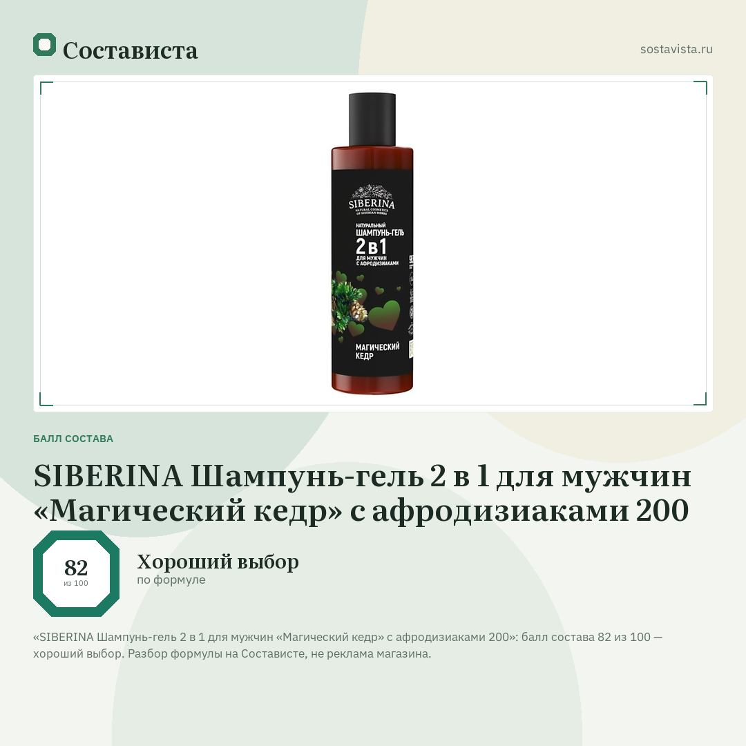 SIBERINA Шампунь-гель 2 в 1 для мужчин «Магический кедр» с афродизиаками 200: балл состава 82 из 100 — Состависта