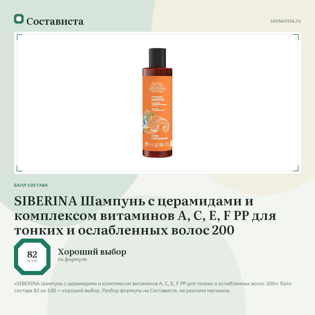 SIBERINA Шампунь с церамидами и комплексом витаминов А, С, Е, F РР для тонких и ослабленных волос 200: балл состава 82 из 100 — Состависта