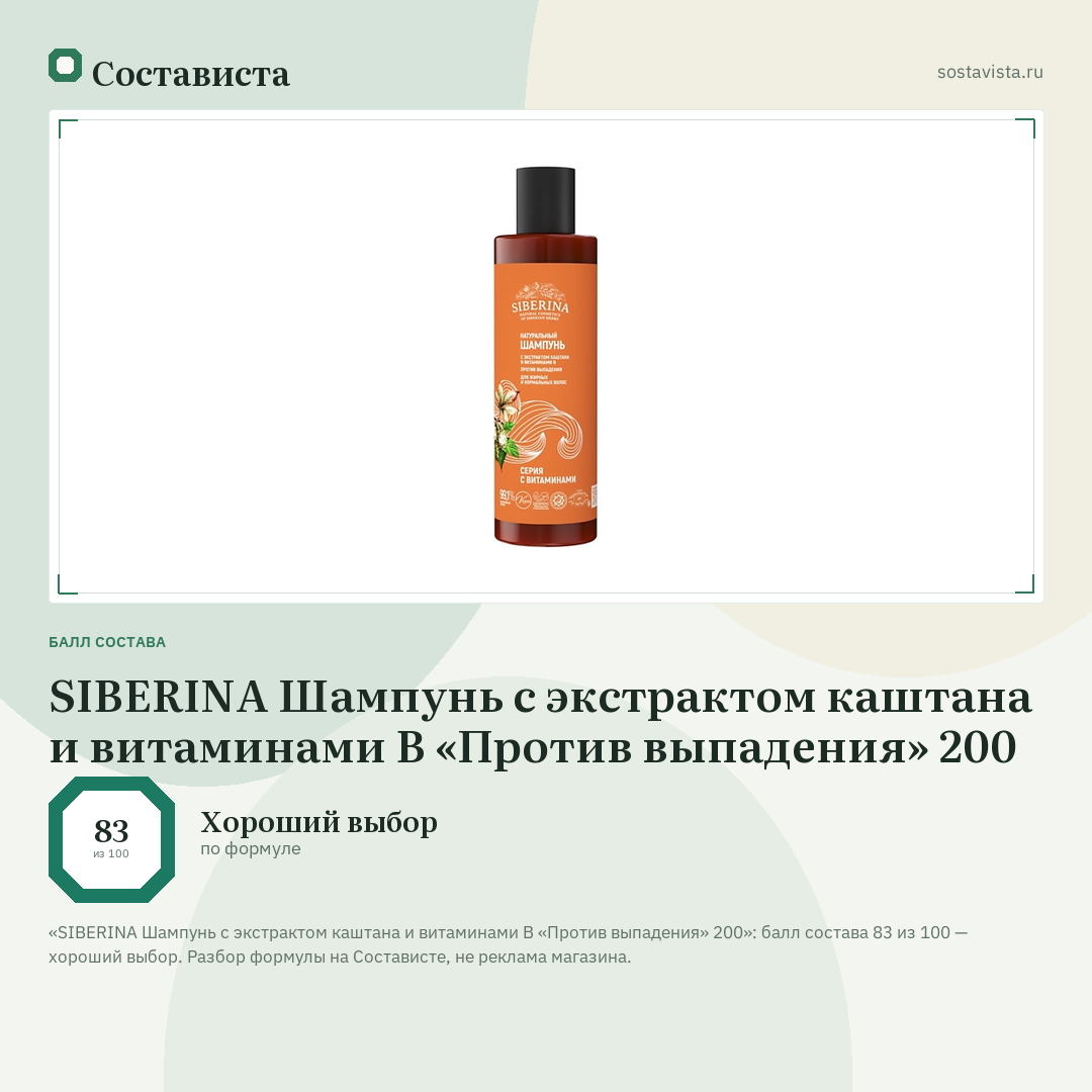 SIBERINA Шампунь с экстрактом каштана и витаминами В «Против выпадения» 200: балл состава 83 из 100 — Состависта