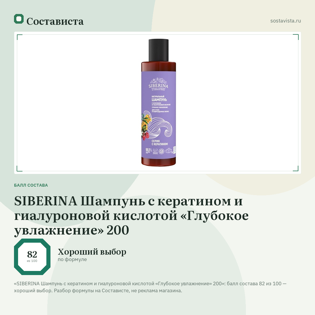 SIBERINA Шампунь с кератином и гиалуроновой кислотой «Глубокое увлажнение» 200: балл состава 82 из 100 — Состависта