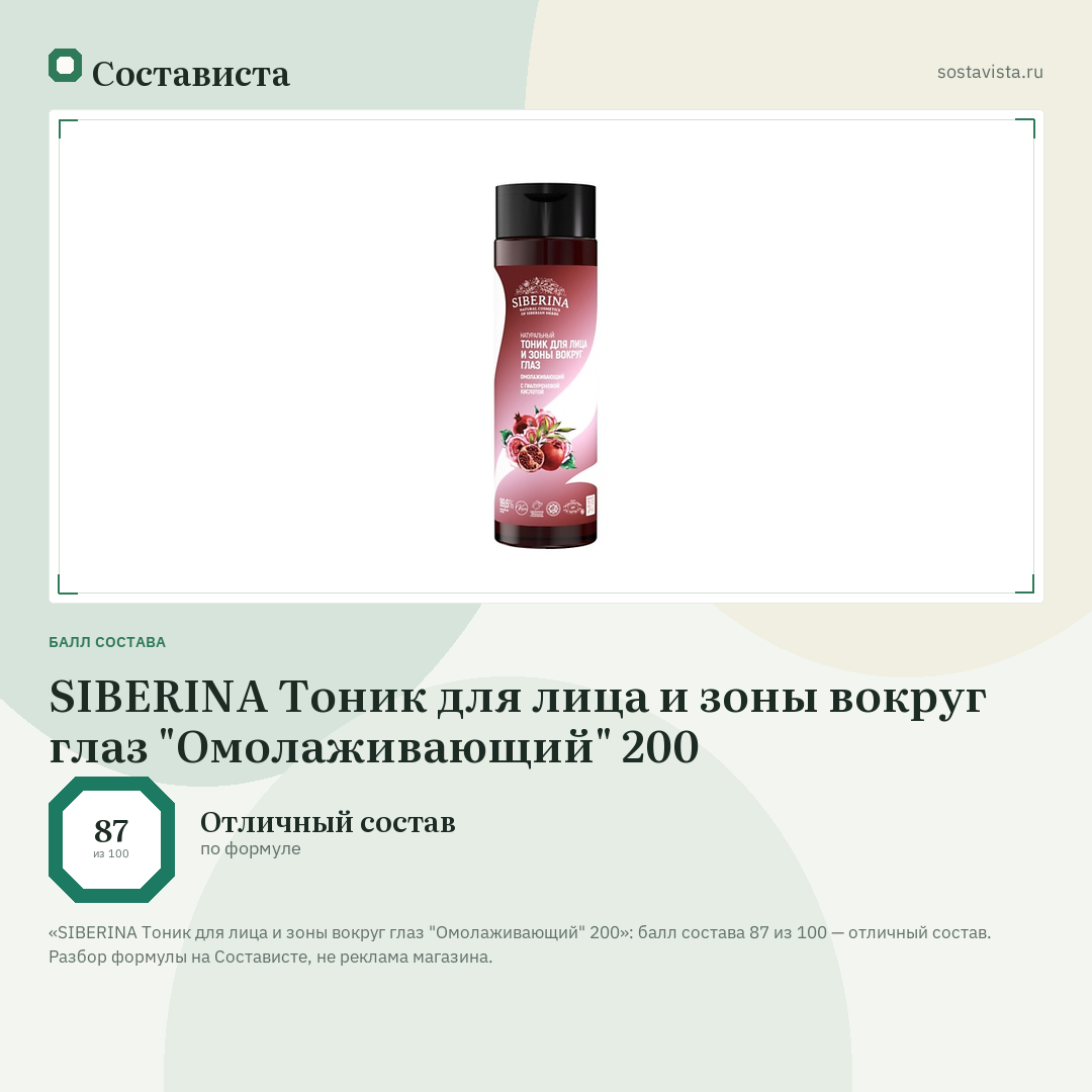 SIBERINA Тоник для лица и зоны вокруг глаз "Омолаживающий" 200: балл состава 87 из 100 — Состависта