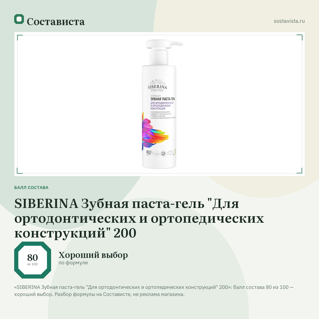 SIBERINA Зубная паста-гель "Для ортодонтических и ортопедических конструкций" 200: балл состава 80 из 100 — Состависта