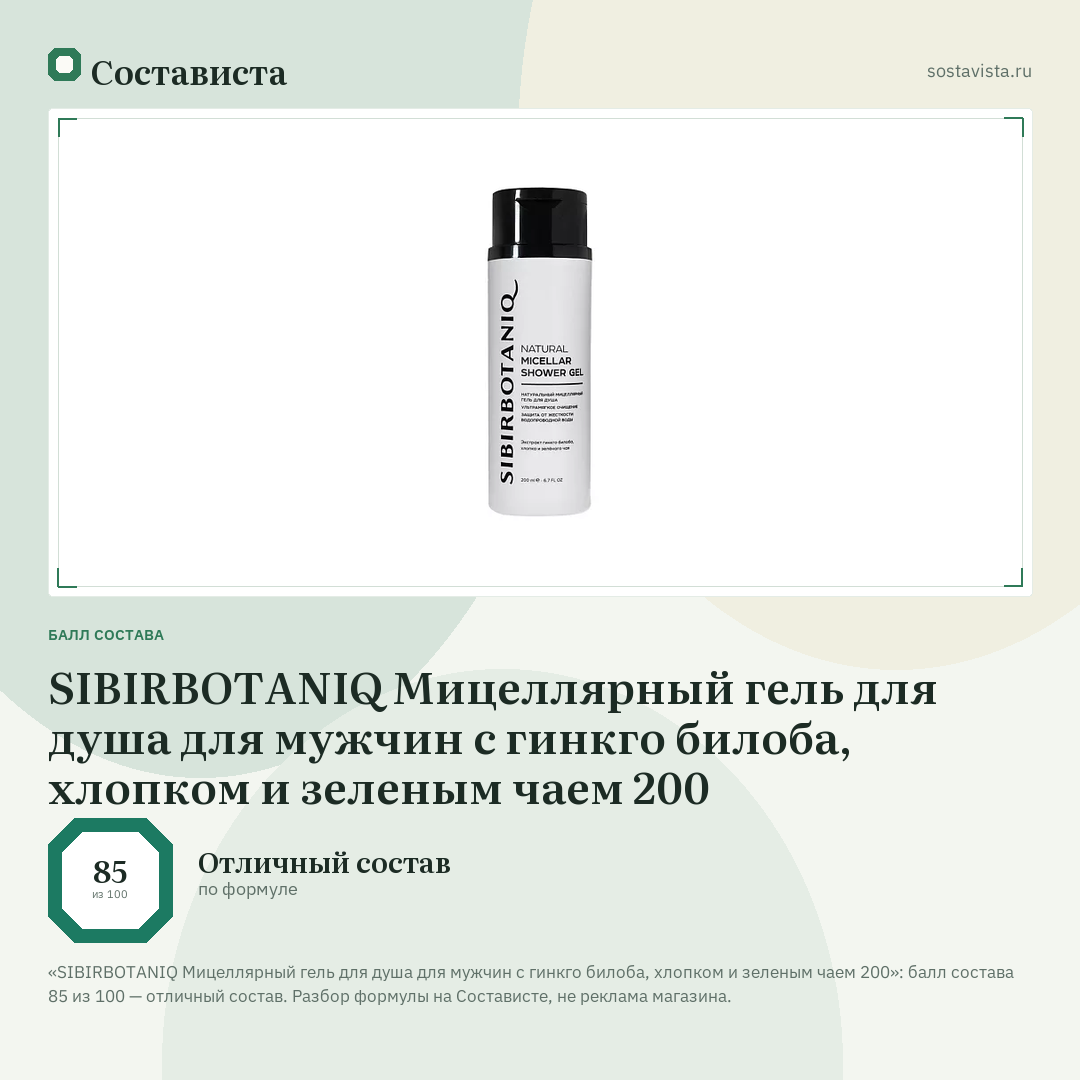 SIBIRBOTANIQ Мицеллярный гель для душа для мужчин с гинкго билоба, хлопком и зеленым чаем 200: балл состава 85 из 100 — Состависта
