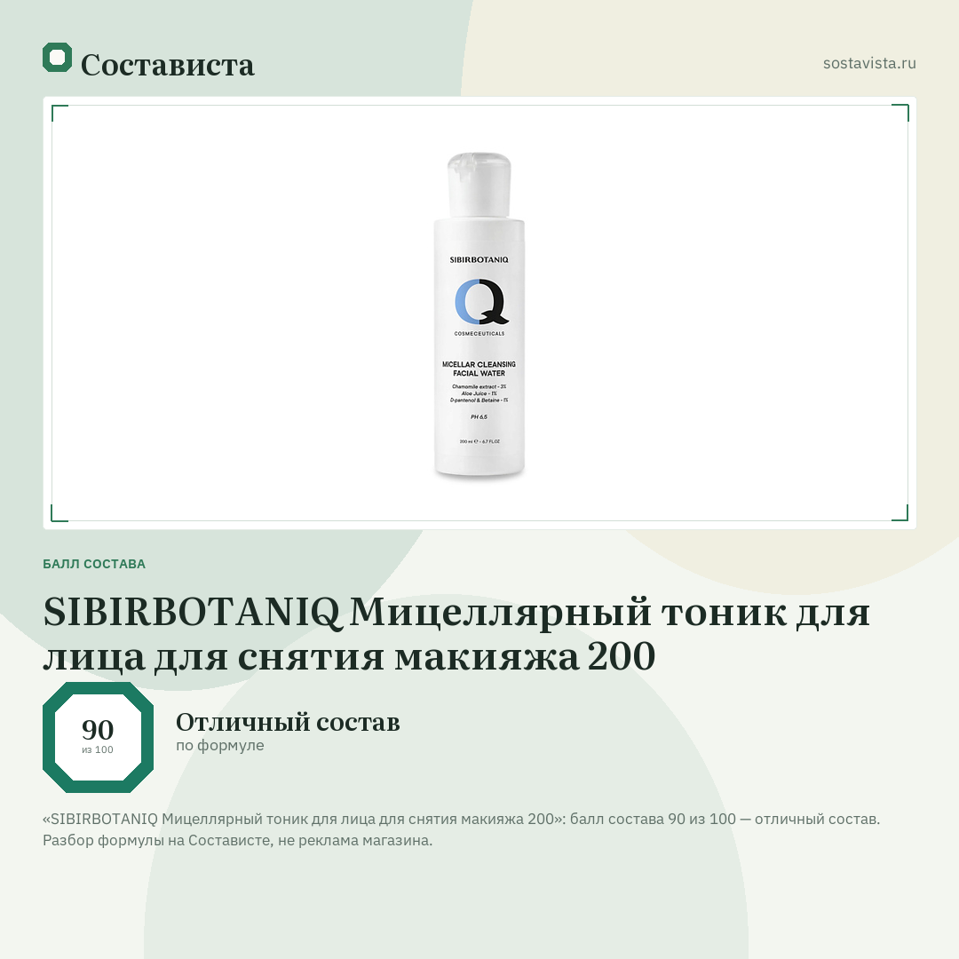 SIBIRBOTANIQ Мицеллярный тоник для лица для снятия макияжа 200: балл состава 90 из 100 — Состависта