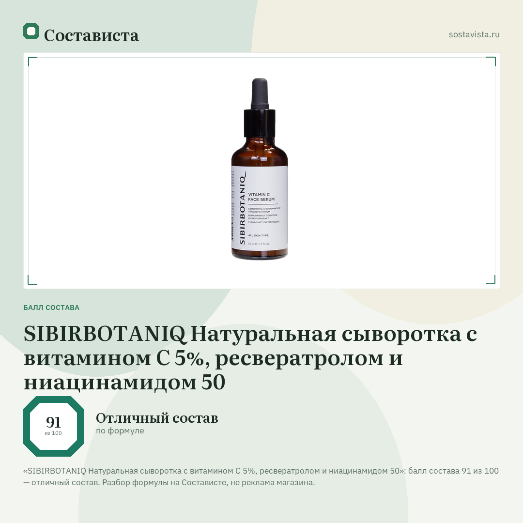 SIBIRBOTANIQ Натуральная сыворотка с витамином C 5%, ресвератролом и ниацинамидом 50: балл состава 91 из 100 — Состависта