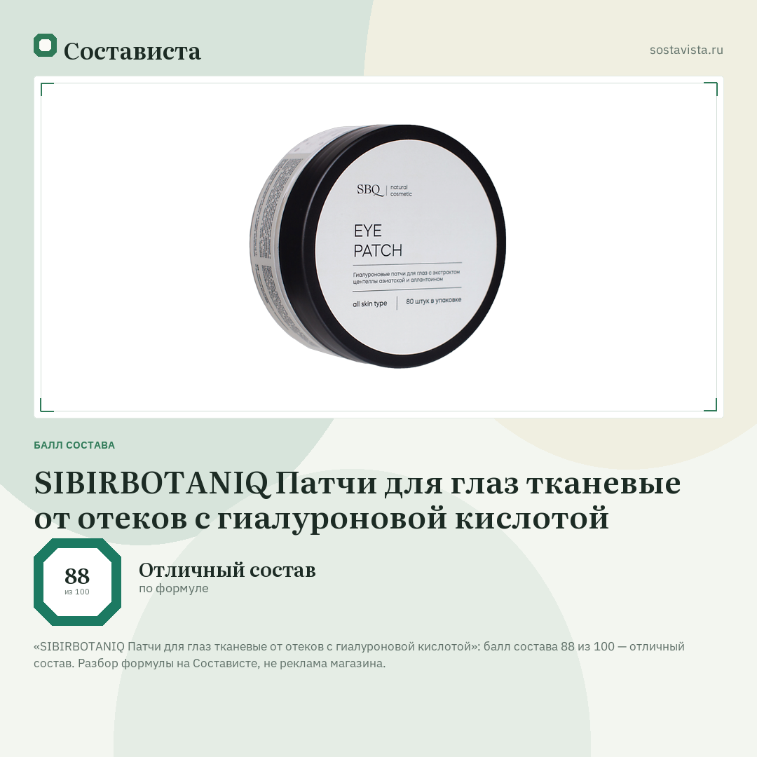 SIBIRBOTANIQ Патчи для глаз тканевые от отеков с гиалуроновой кислотой: балл состава 88 из 100 — Состависта