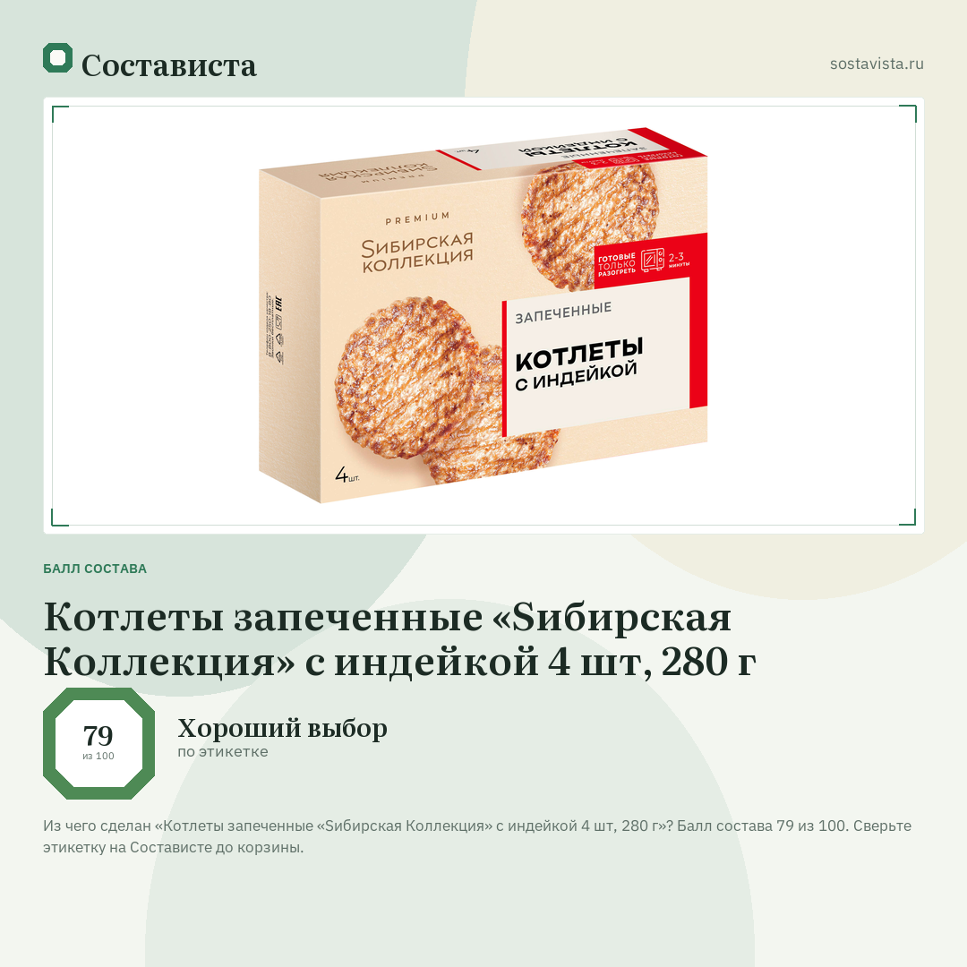 Котлеты запеченные «Sибирская Коллекция» с индейкой 4 шт, 280 г: балл состава 79 из 100 — Состависта