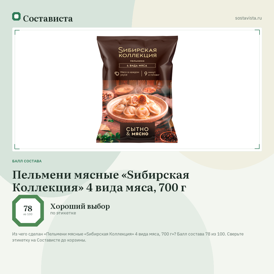 Пельмени мясные «Sибирская Коллекция» 4 вида мяса, 700 г: балл состава 78 из 100 — Состависта