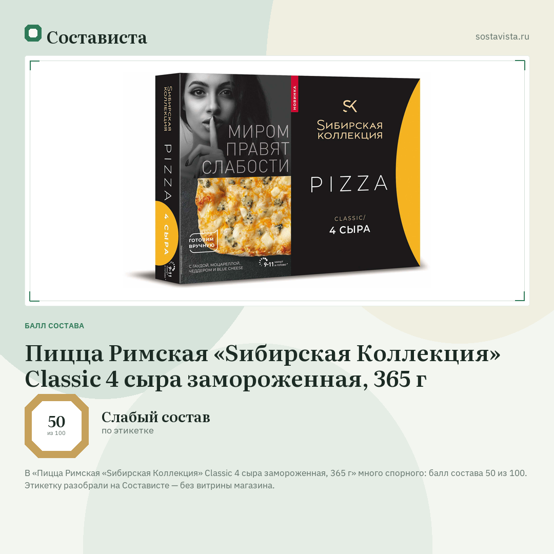 Пицца Римская «Sибирская Коллекция» Classic 4 сыра замороженная, 365 г: балл состава 50 из 100 — Состависта