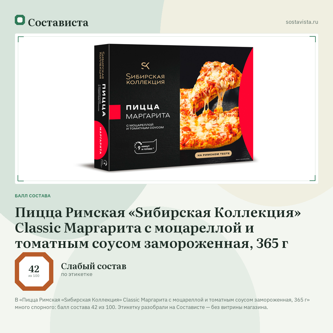 Пицца Римская «Sибирская Коллекция» Classic Маргарита с моцареллой и томатным соусом замороженная, 365 г: балл состава 42 из 100 — Состависта