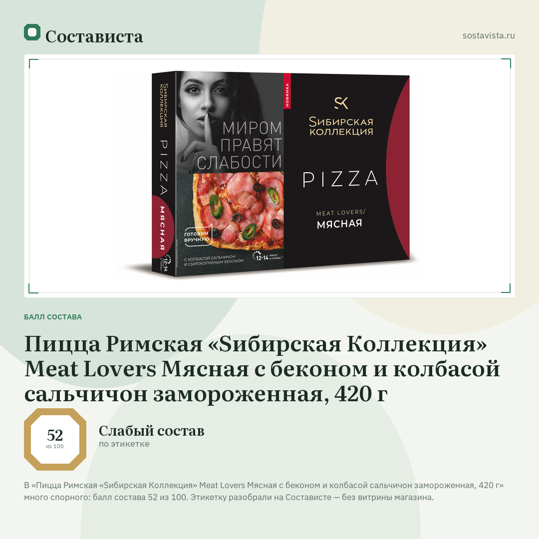 Пицца Римская «Sибирская Коллекция» Meat Lovers Мясная с беконом и колбасой сальчичон замороженная, 420 г: балл состава 52 из 100 — Состависта