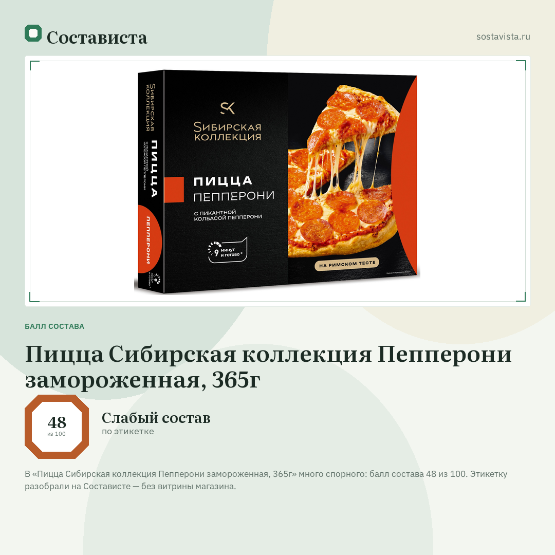 Пицца Сибирская коллекция Пепперони замороженная, 365г: балл состава 48 из 100 — Состависта