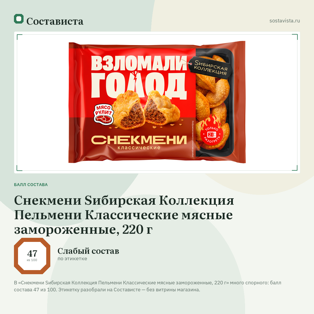 Снекмени Sибирская Коллекция Пельмени Классические мясные замороженные, 220 г: балл состава 47 из 100 — Состависта