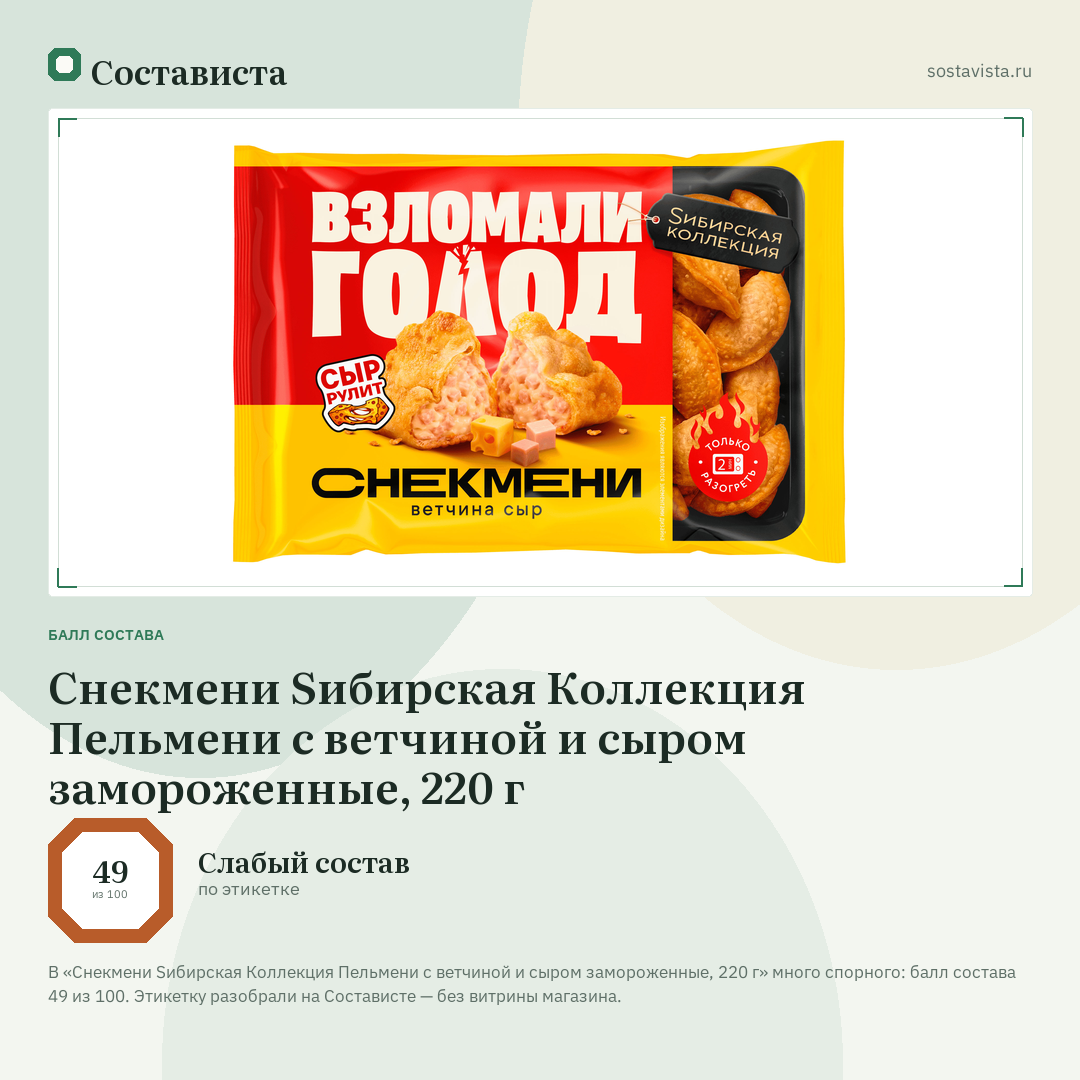 Снекмени Sибирская Коллекция Пельмени с ветчиной и сыром замороженные, 220 г: балл состава 49 из 100 — Состависта