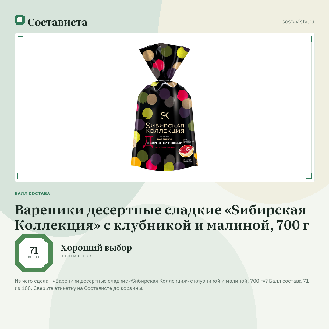 Вареники десертные сладкие «Sибирская Коллекция» с клубникой и малиной, 700 г: балл состава 71 из 100 — Состависта