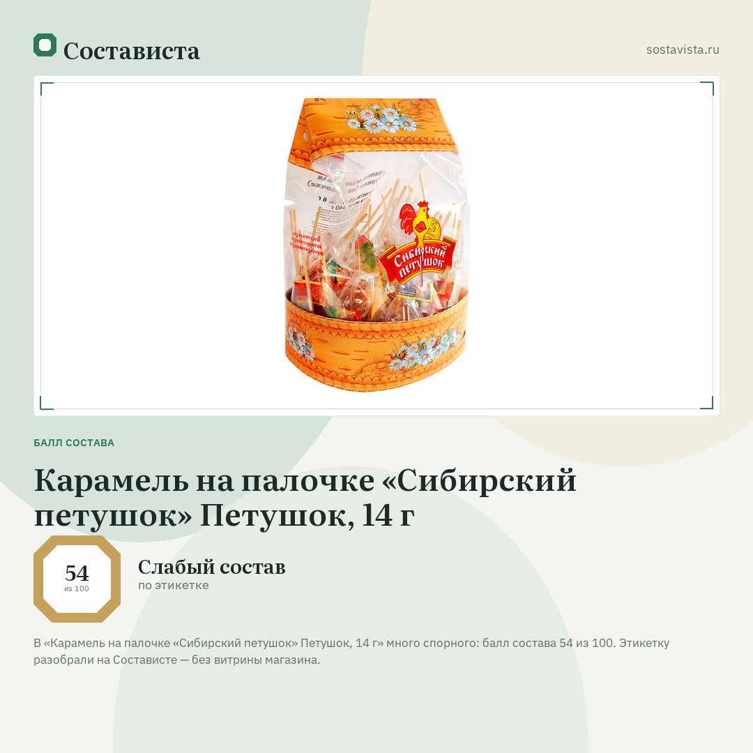 Карамель на палочке «Сибирский петушок» Петушок, 14 г: балл состава 54 из 100 — Состависта