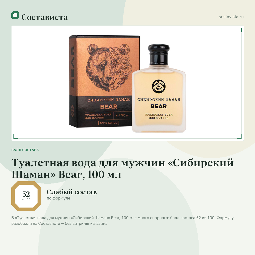 Туалетная вода для мужчин «Сибирский Шаман» Bear, 100 мл: балл состава 52 из 100 — Состависта