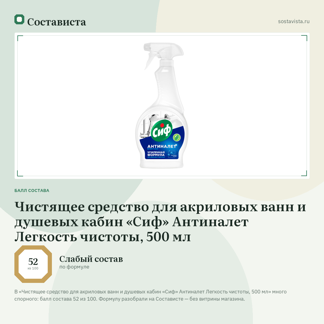 Чистящее средство для акриловых ванн и душевых кабин «Сиф» Антиналет Легкость чистоты, 500 мл: балл состава 52 из 100 — Состависта