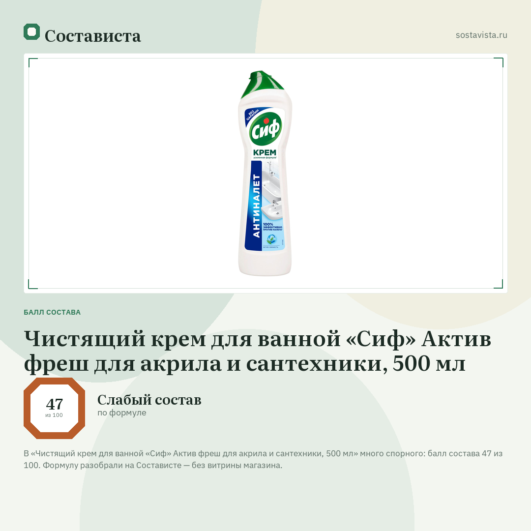 Чистящий крем для ванной «Сиф» Актив фреш для акрила и сантехники, 500 мл: балл состава 47 из 100 — Состависта