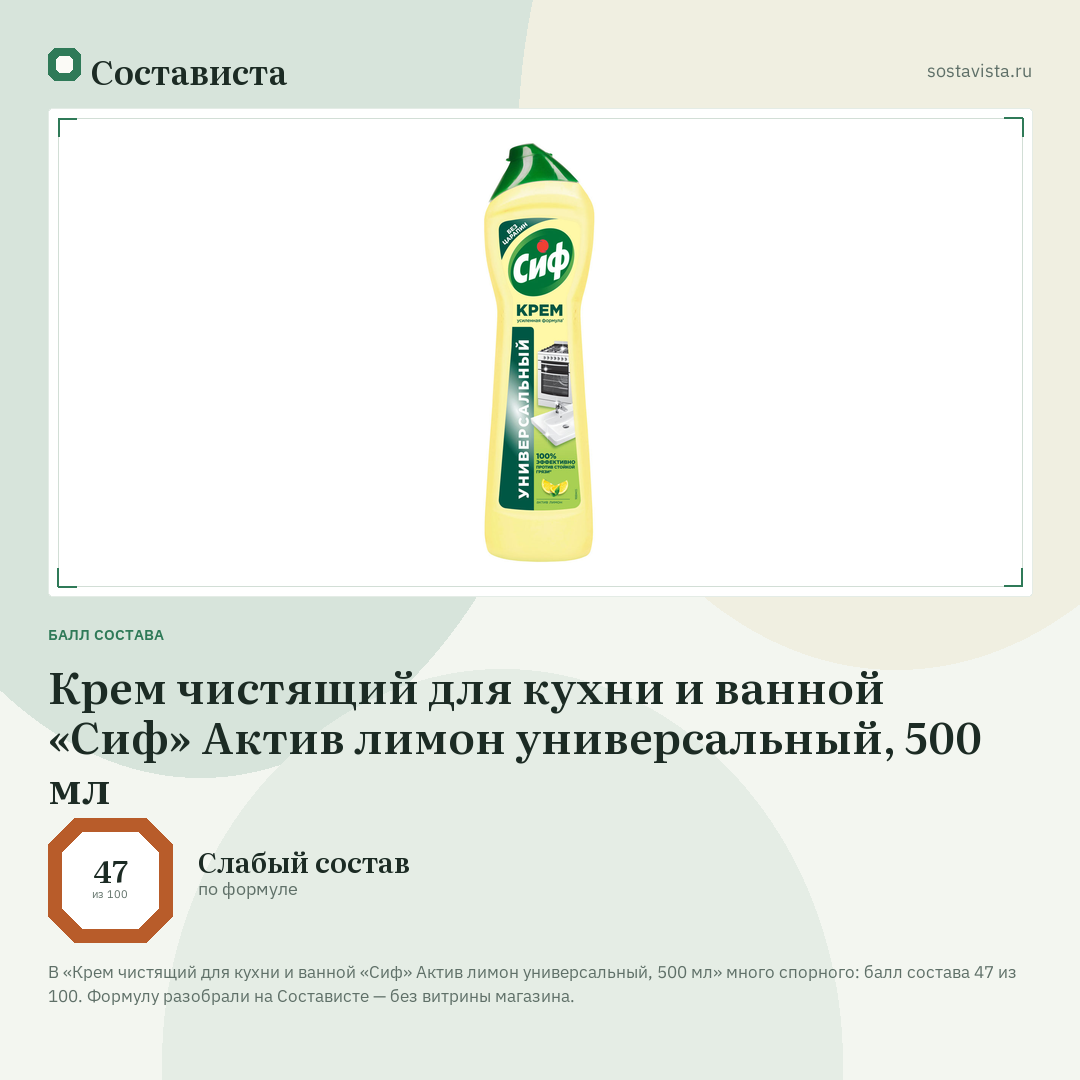 Крем чистящий для кухни и ванной «Сиф» Актив лимон универсальный, 500 мл: балл состава 47 из 100 — Состависта