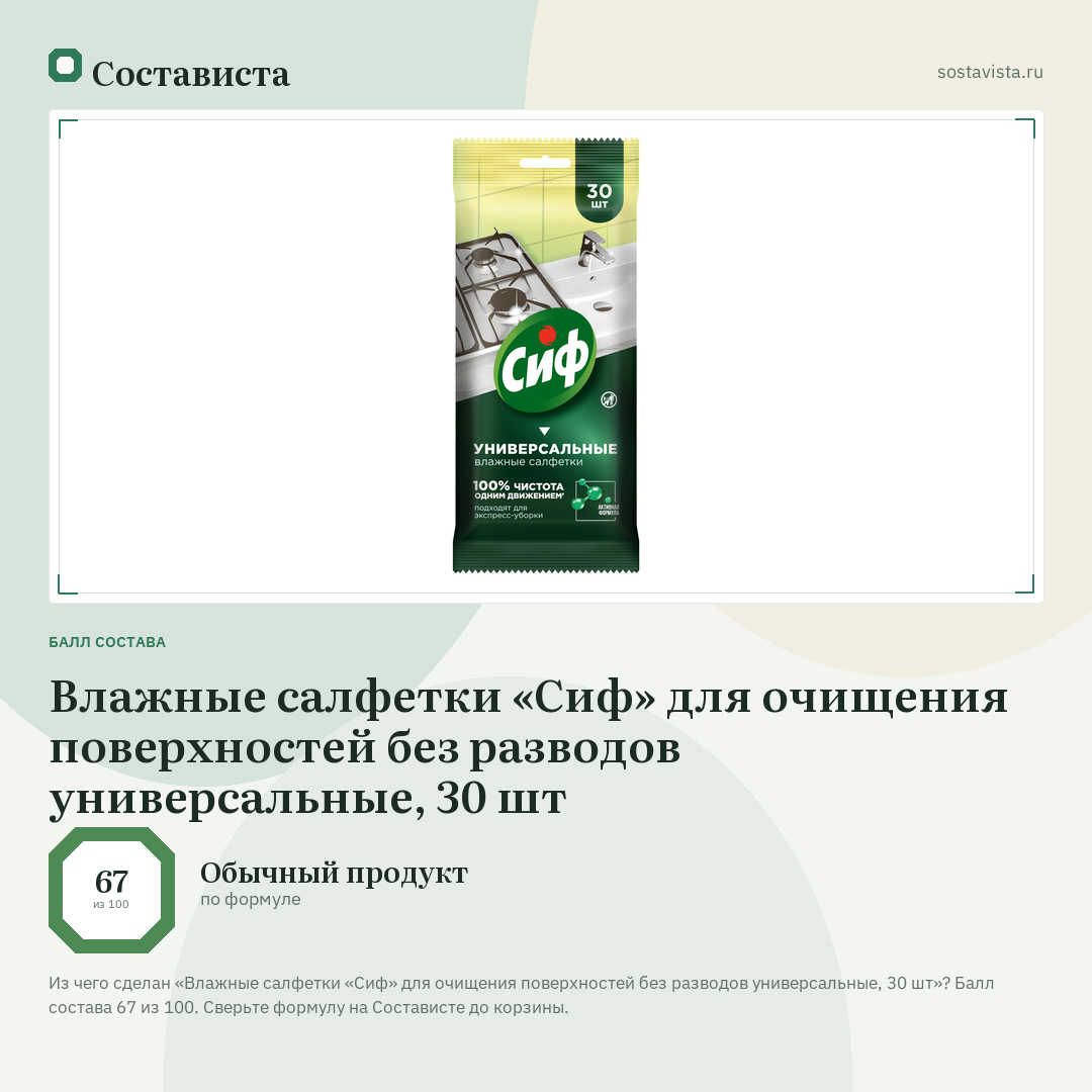 Влажные салфетки «Сиф» для очищения поверхностей без разводов универсальные, 30 шт: балл состава 67 из 100 — Состависта