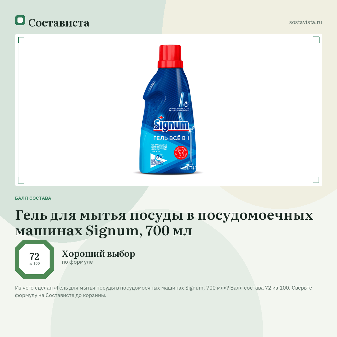 Гель для мытья посуды в посудомоечных машинах Signum, 700 мл: балл состава 72 из 100 — Состависта