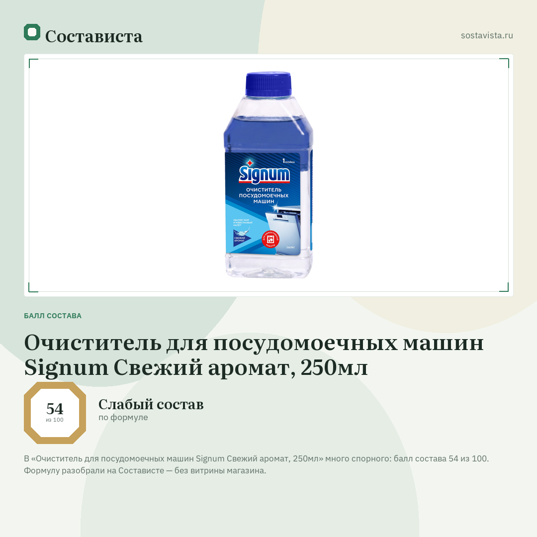 Очиститель для посудомоечных машин Signum Свежий аромат, 250мл: балл состава 54 из 100 — Состависта