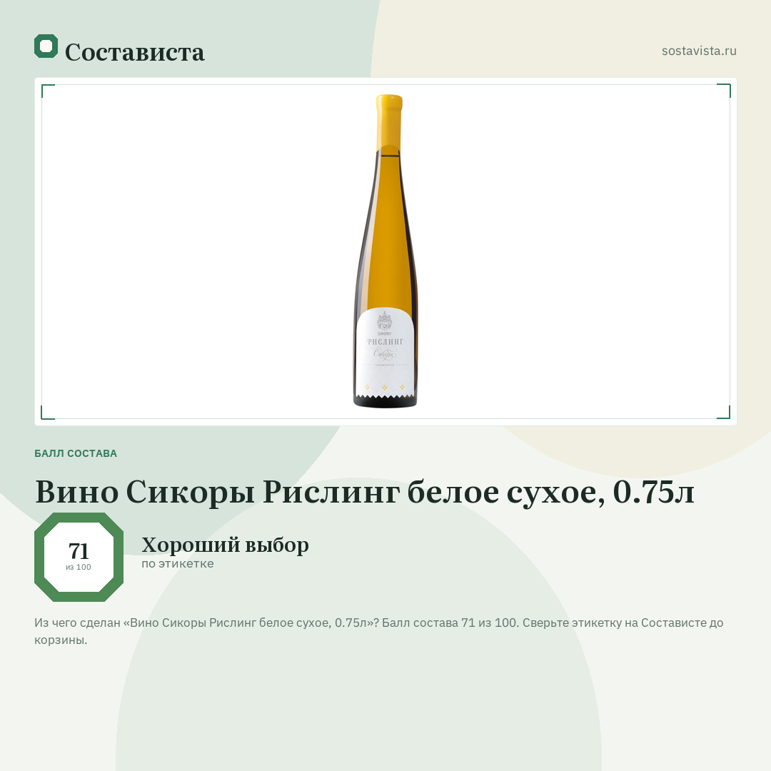 Вино Сикоры Рислинг белое сухое, 0.75л: балл состава 71 из 100 — Состависта