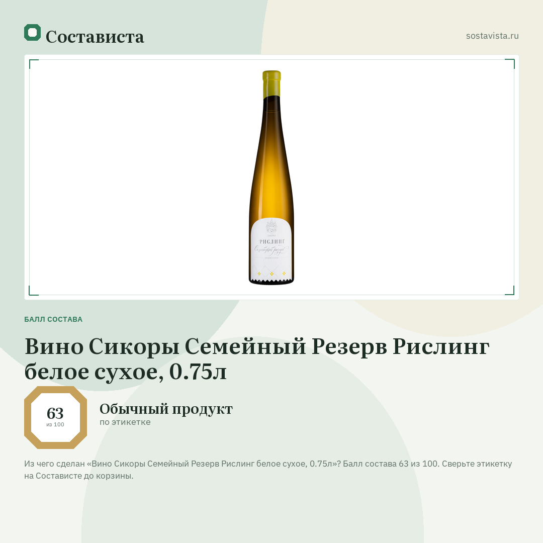 Вино Сикоры Семейный Резерв Рислинг белое сухое, 0.75л: балл состава 63 из 100 — Состависта
