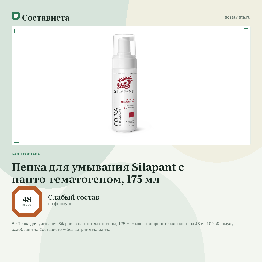 Пенка для умывания Silapant с панто-гематогеном, 175 мл: балл состава 48 из 100 — Состависта