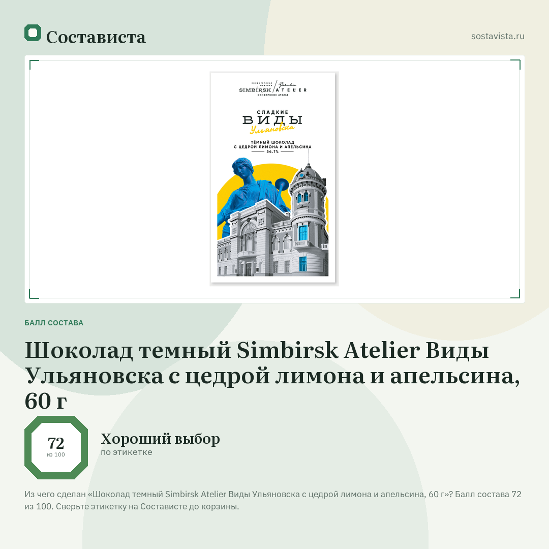 Шоколад темный Simbirsk Atelier Виды Ульяновска с цедрой лимона и апельсина, 60 г: балл состава 72 из 100 — Состависта