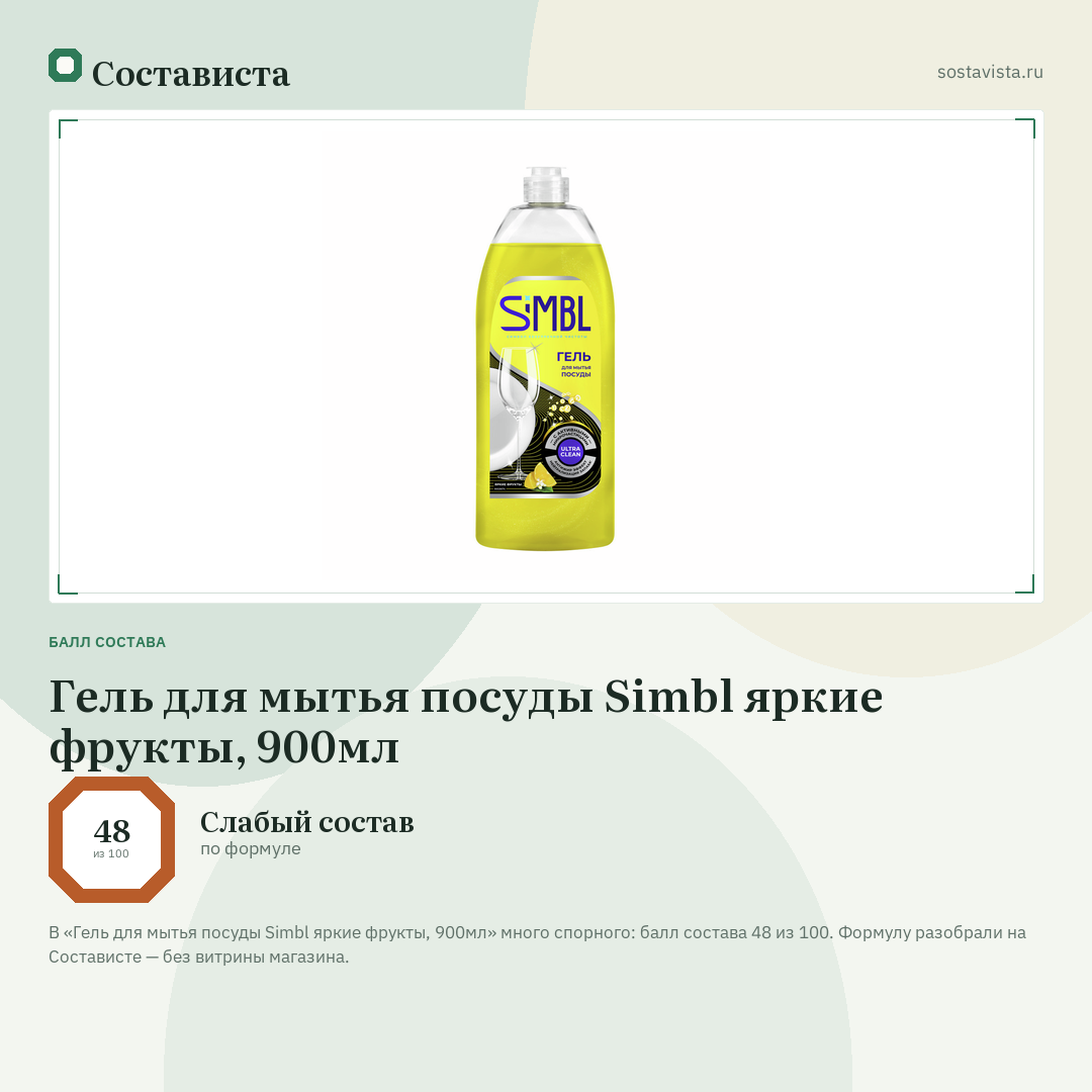 Гель для мытья посуды Simbl яркие фрукты, 900мл: балл состава 48 из 100 — Состависта